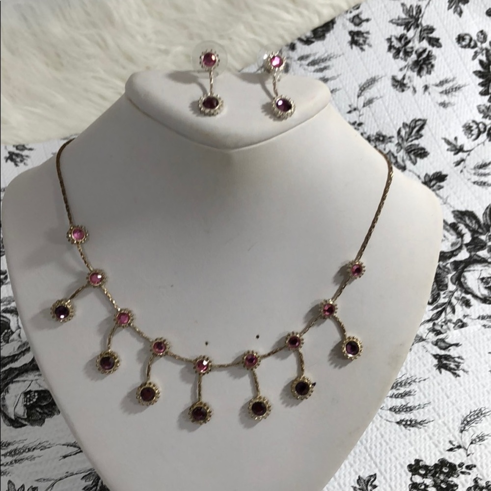 Pink purple rhinestone set necklace earrings